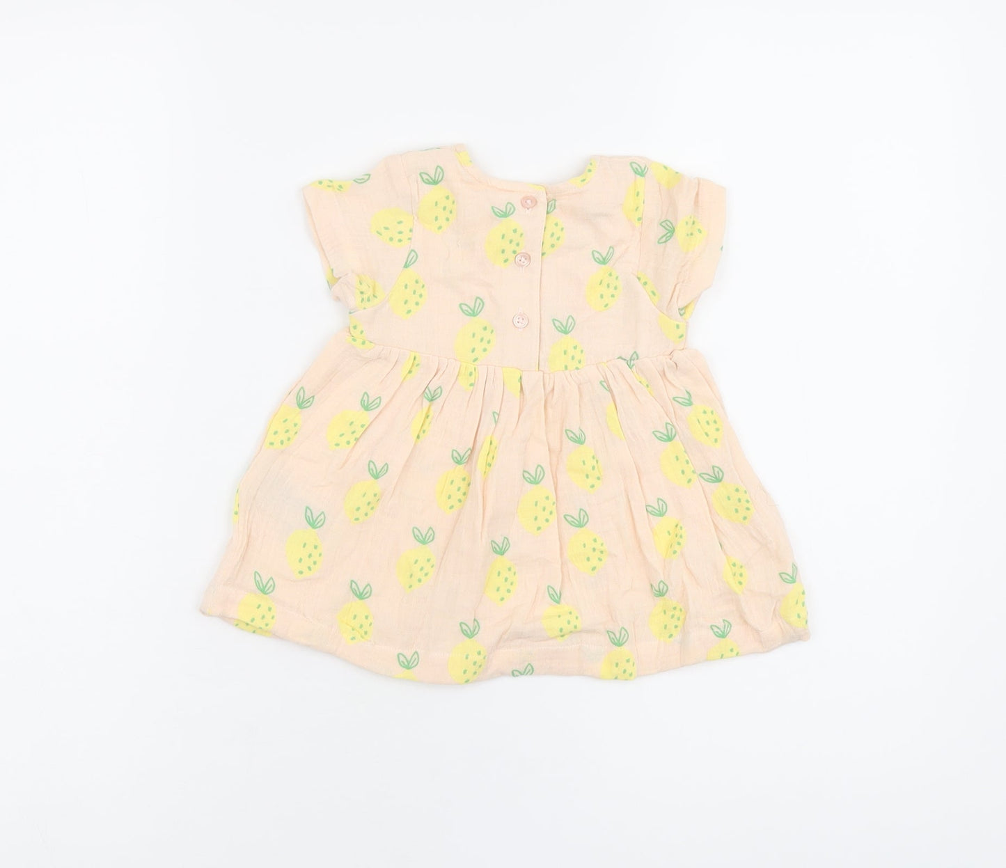 Marks and Spencer Girls Pink Geometric Cotton A-Line Size 3-6 Months Round Neck Button - Lemon Print
