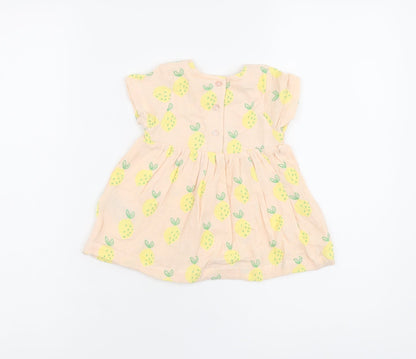 Marks and Spencer Girls Pink Geometric Cotton A-Line Size 3-6 Months Round Neck Button - Lemon Print