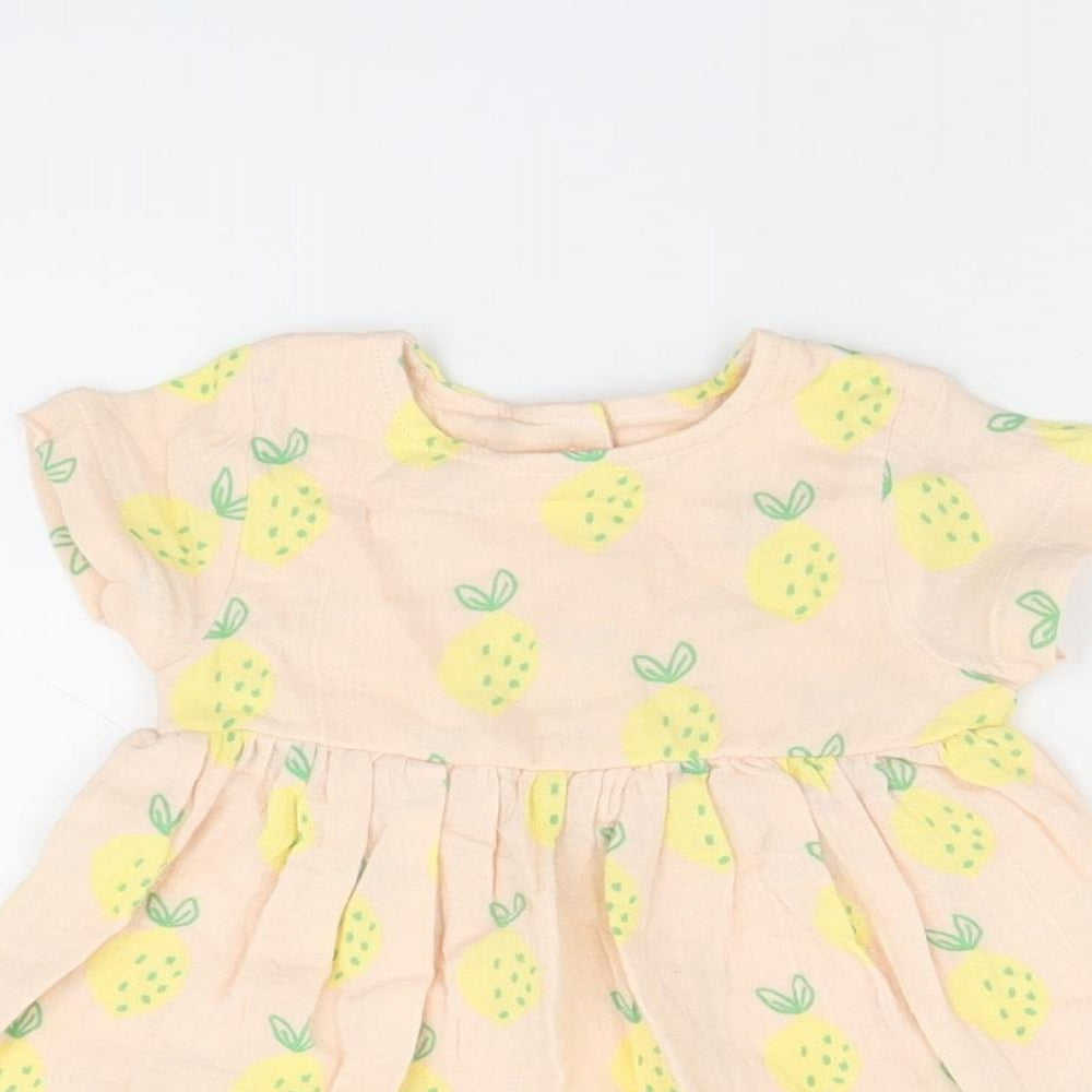 Marks and Spencer Girls Pink Geometric Cotton A-Line Size 3-6 Months Round Neck Button - Lemon Print