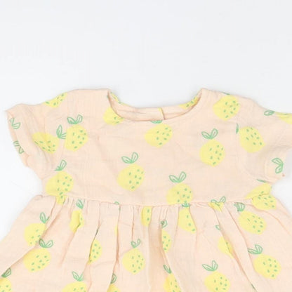 Marks and Spencer Girls Pink Geometric Cotton A-Line Size 3-6 Months Round Neck Button - Lemon Print