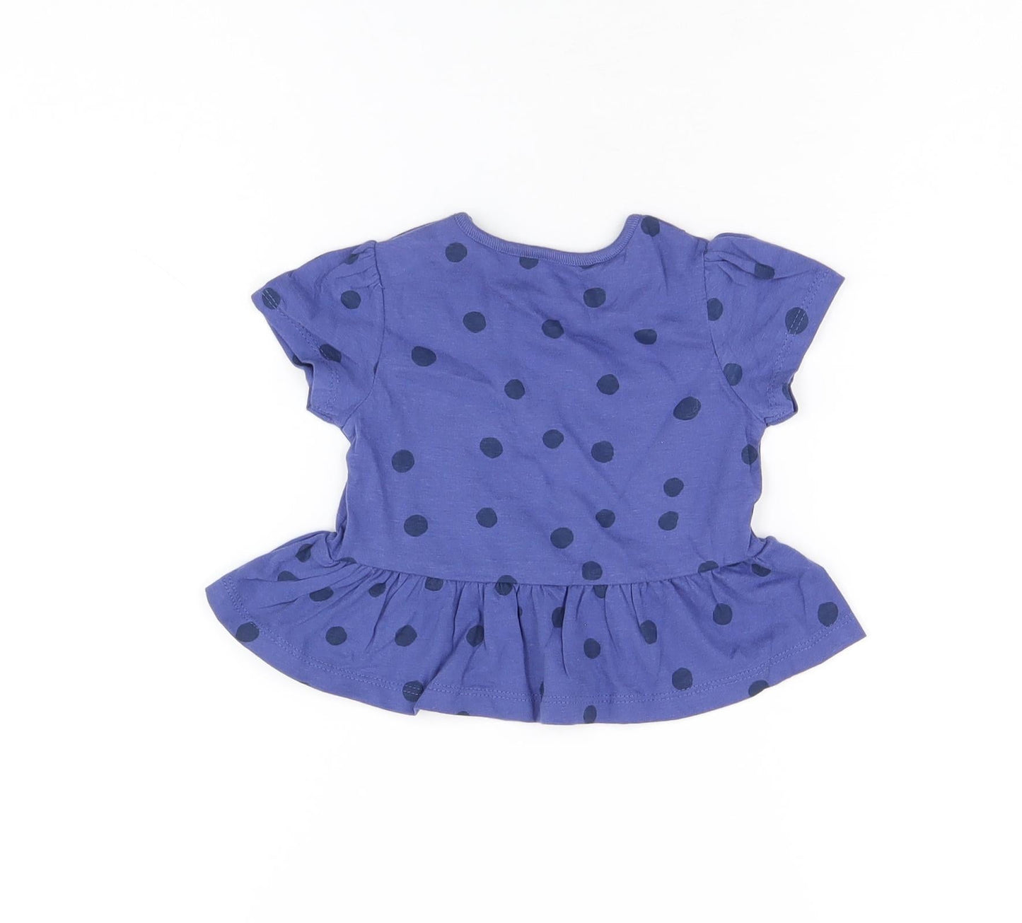 Marks and Spencer Girls Blue Polka Dot Cotton Basic T-Shirt Size 3-6 Months Round Neck Snap