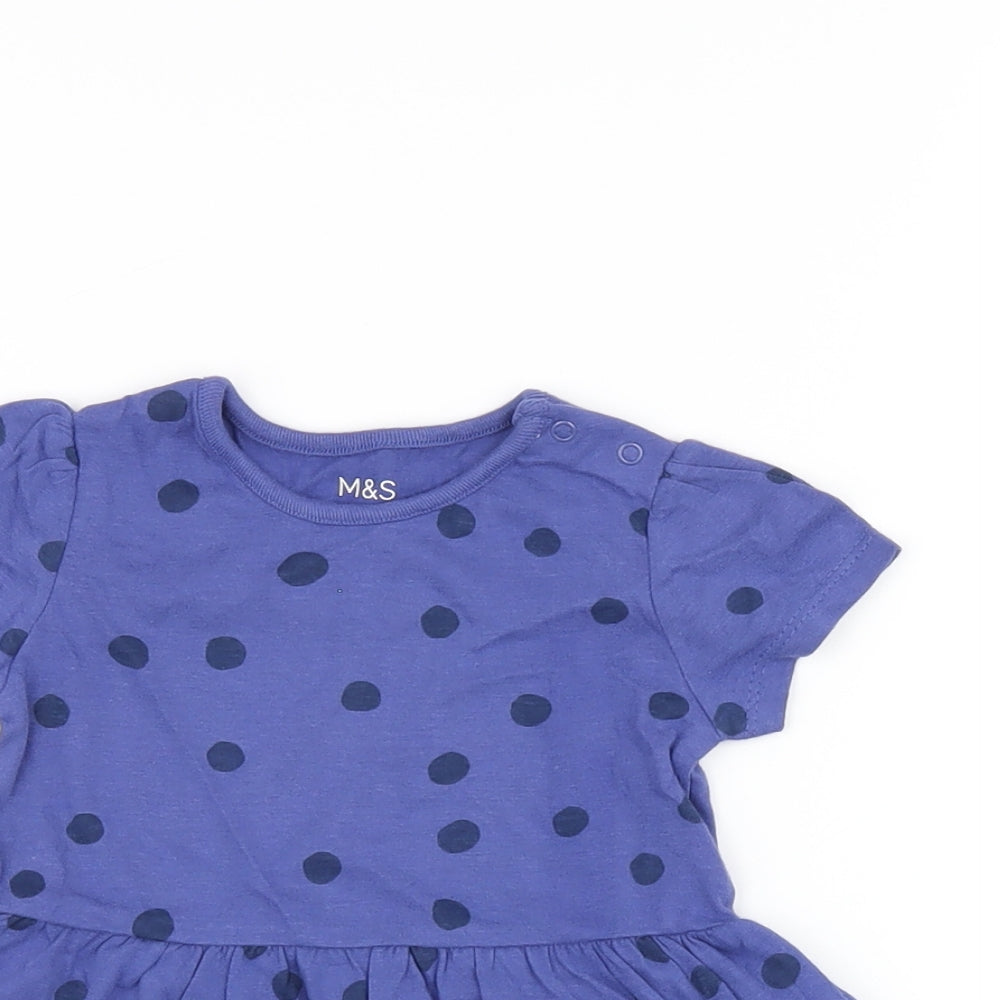 Marks and Spencer Girls Blue Polka Dot Cotton Basic T-Shirt Size 3-6 Months Round Neck Snap
