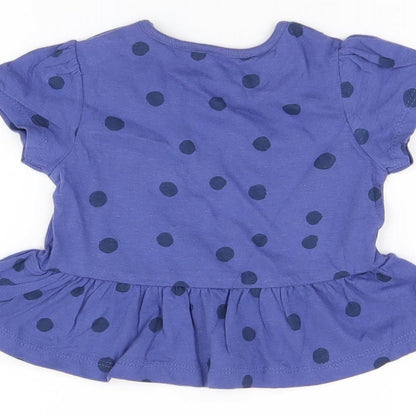 Marks and Spencer Girls Blue Polka Dot Cotton Basic T-Shirt Size 3-6 Months Round Neck Snap