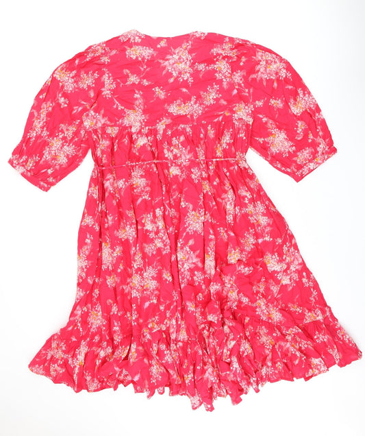 Per Una Womens Pink Floral Cotton A-Line Size M V-Neck Pullover - Belted