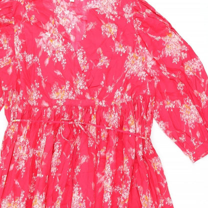 Per Una Womens Pink Floral Cotton A-Line Size M V-Neck Pullover - Belted