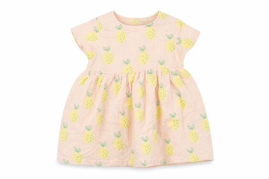 Marks and Spencer Girls Pink Geometric Cotton A-Line Size 6-9 Months Round Neck Button - Lemon Print