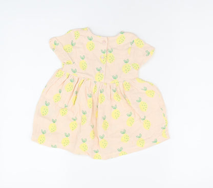 Marks and Spencer Girls Pink Geometric Cotton A-Line Size 6-9 Months Round Neck Button - Lemon Print