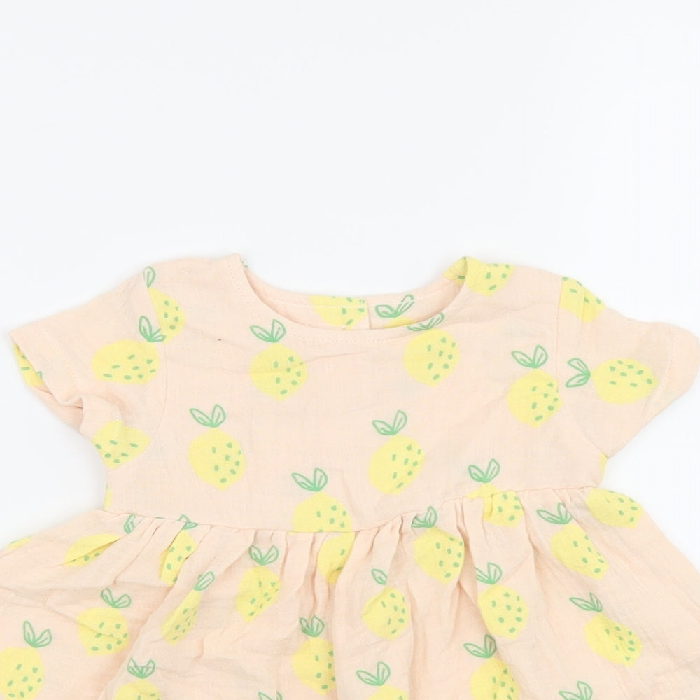 Marks and Spencer Girls Pink Geometric Cotton A-Line Size 6-9 Months Round Neck Button - Lemon Print