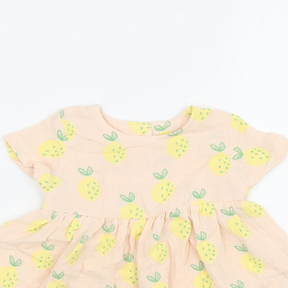 Marks and Spencer Girls Pink Geometric Cotton A-Line Size 6-9 Months Round Neck Button - Lemon Print