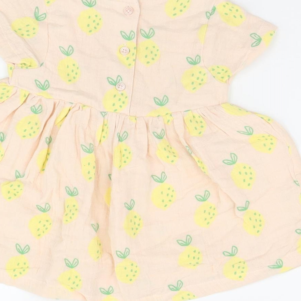 Marks and Spencer Girls Pink Geometric Cotton A-Line Size 6-9 Months Round Neck Button - Lemon Print