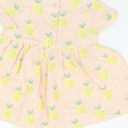 Marks and Spencer Girls Pink Geometric Cotton A-Line Size 6-9 Months Round Neck Button - Lemon Print