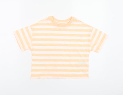 Marks and Spencer Boys White Striped Cotton Basic T-Shirt Size 6-7 Years Round Neck Pullover