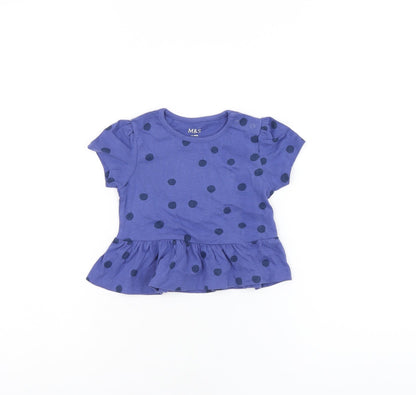 Marks and Spencer Girls Blue Polka Dot Cotton Basic T-Shirt Size 3-6 Months Round Neck Snap