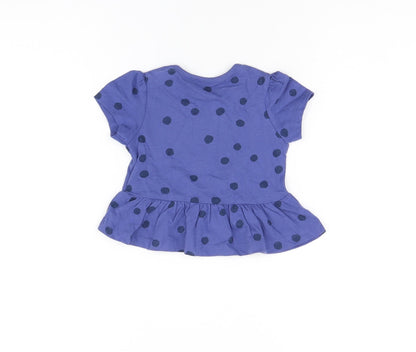 Marks and Spencer Girls Blue Polka Dot Cotton Basic T-Shirt Size 3-6 Months Round Neck Snap