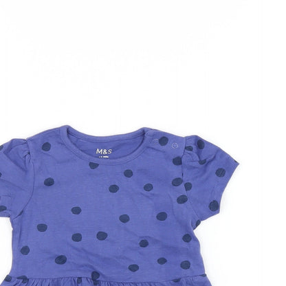 Marks and Spencer Girls Blue Polka Dot Cotton Basic T-Shirt Size 3-6 Months Round Neck Snap