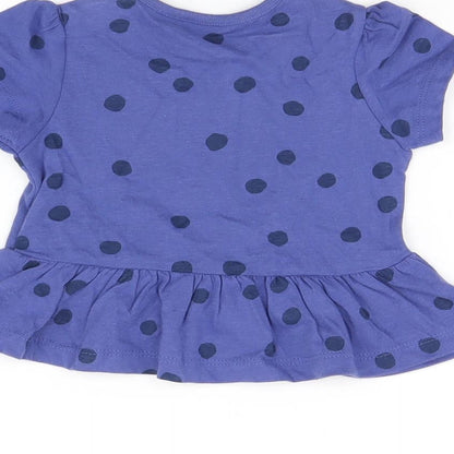 Marks and Spencer Girls Blue Polka Dot Cotton Basic T-Shirt Size 3-6 Months Round Neck Snap