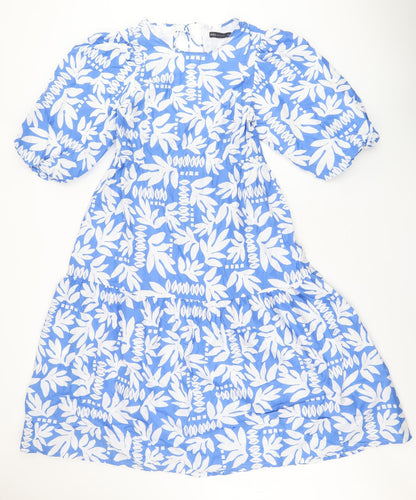 Marks and Spencer Womens Blue Floral Cotton A-Line Size 10 Round Neck Tie