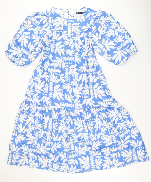 Marks and Spencer Womens Blue Floral Cotton A-Line Size 10 Round Neck Tie