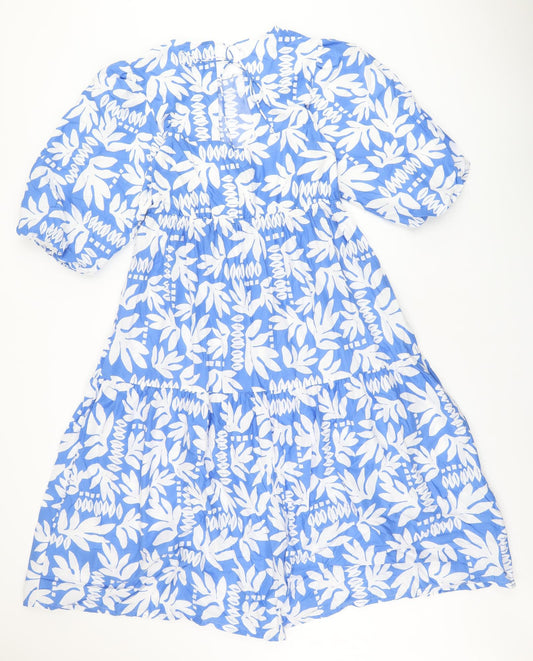 Marks and Spencer Womens Blue Floral Cotton A-Line Size 10 Round Neck Tie