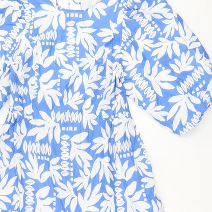 Marks and Spencer Womens Blue Floral Cotton A-Line Size 10 Round Neck Tie