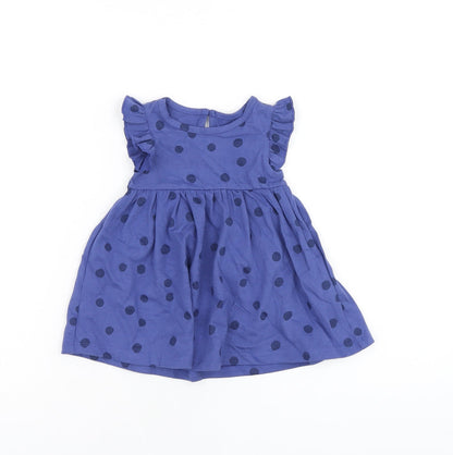 Marks and Spencer Girls Blue Polka Dot Cotton A-Line Size 0-3 Months Round Neck Button
