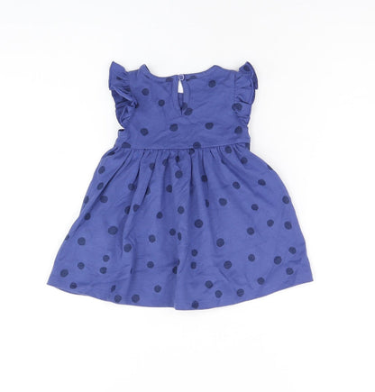 Marks and Spencer Girls Blue Polka Dot Cotton A-Line Size 0-3 Months Round Neck Button