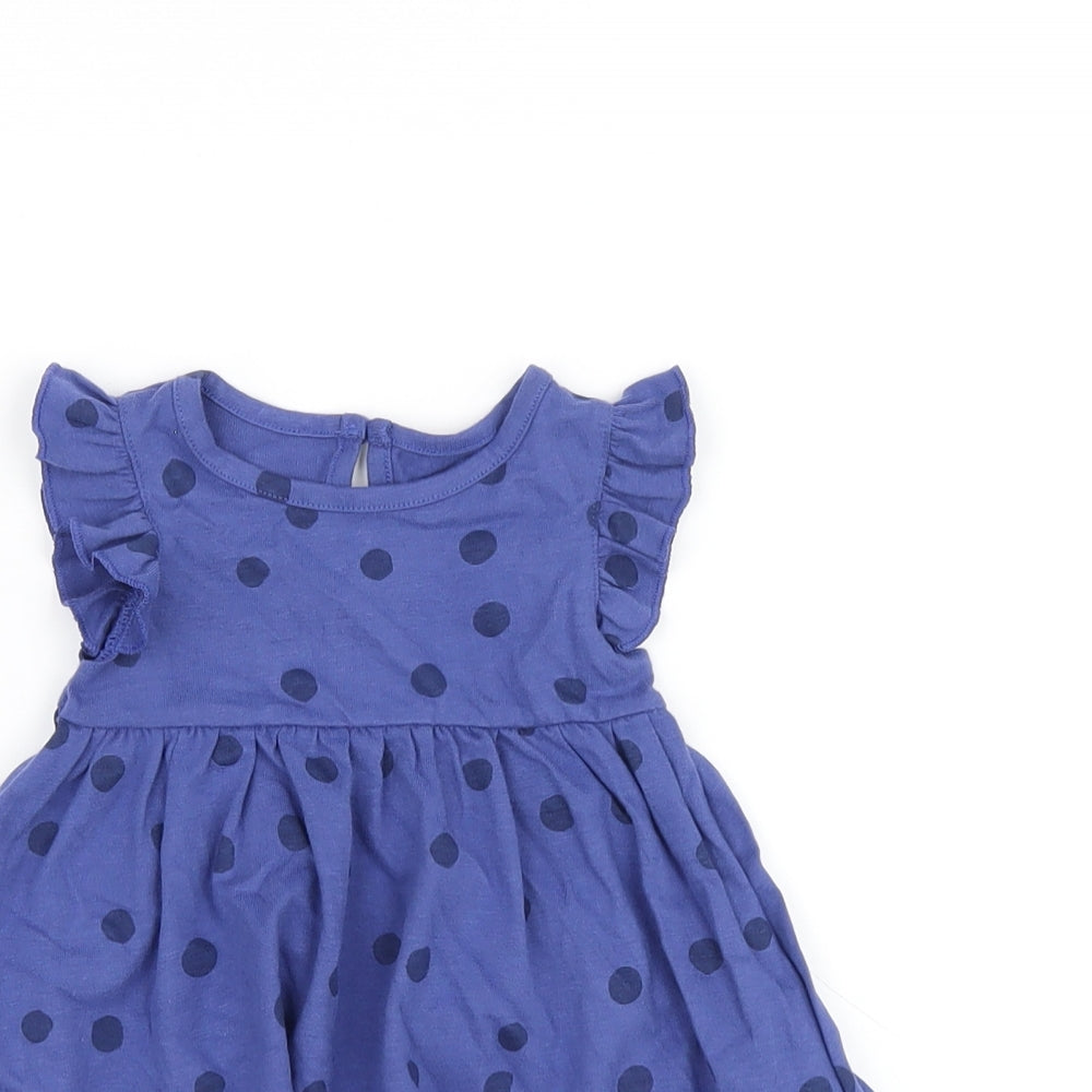 Marks and Spencer Girls Blue Polka Dot Cotton A-Line Size 0-3 Months Round Neck Button