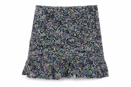 Marks and Spencer Girls Black Floral Viscose Mini Skirt Size 12-13 Years Regular Zip