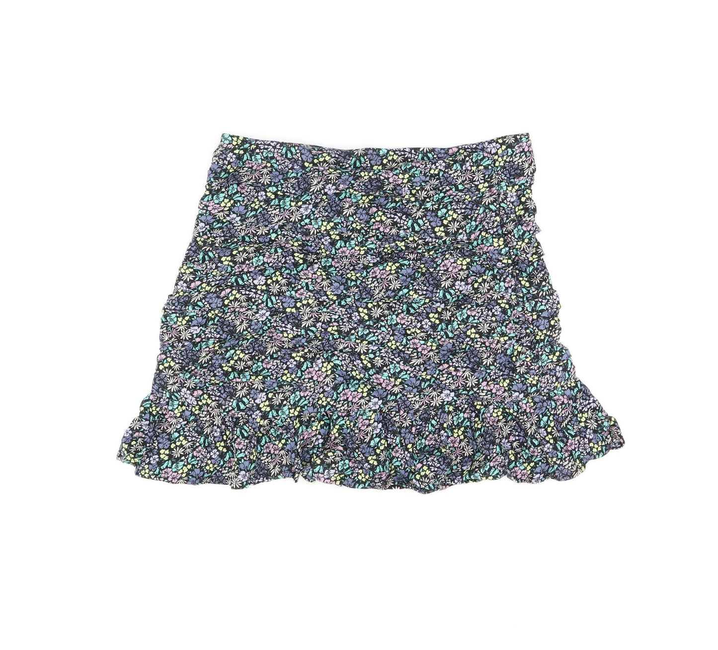 Marks and Spencer Girls Black Floral Viscose Mini Skirt Size 12-13 Years Regular Zip