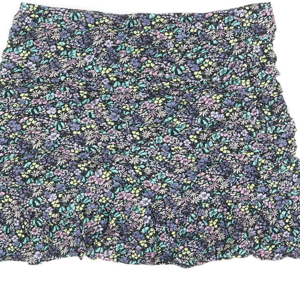 Marks and Spencer Girls Black Floral Viscose Mini Skirt Size 12-13 Years Regular Zip