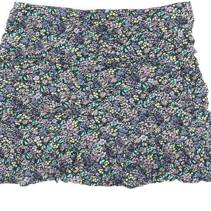 Marks and Spencer Girls Black Floral Viscose Mini Skirt Size 12-13 Years Regular Zip