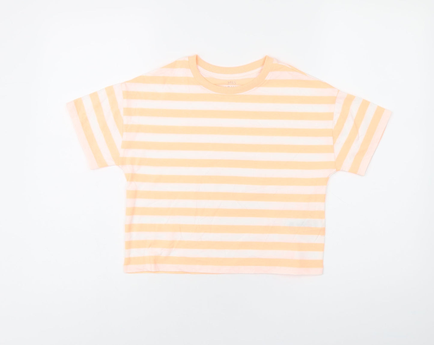 Marks and Spencer Boys White Striped Cotton Basic T-Shirt Size 8-9 Years Round Neck Pullover