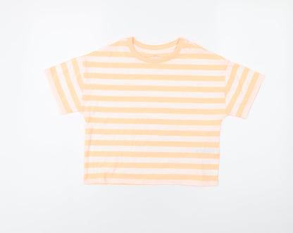 Marks and Spencer Boys White Striped Cotton Basic T-Shirt Size 8-9 Years Round Neck Pullover