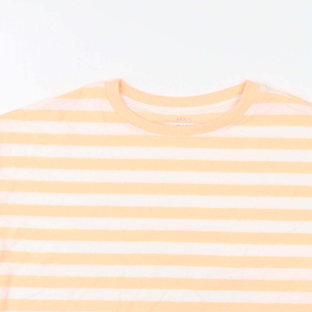 Marks and Spencer Boys White Striped Cotton Basic T-Shirt Size 8-9 Years Round Neck Pullover