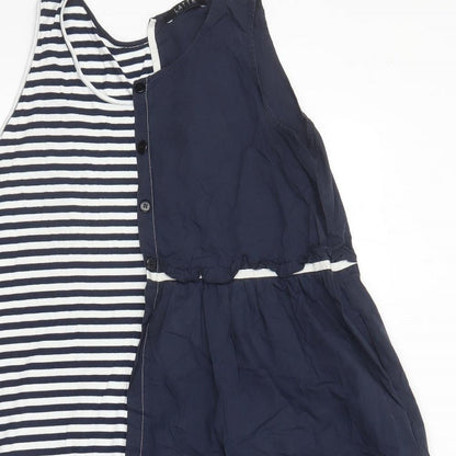 Latte Womens Blue Striped Cotton Tank Dress Size L Round Neck Pullover - Pockets