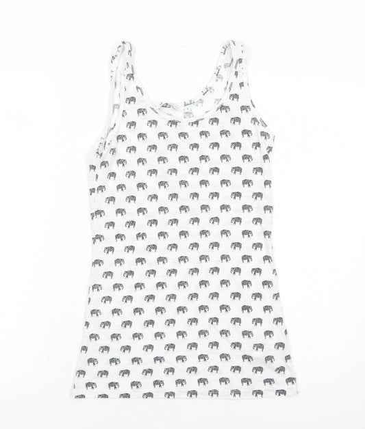 New Look Womens White Geometric Polyester Basic Tank Size 8 Round Neck - Elephant Pattern