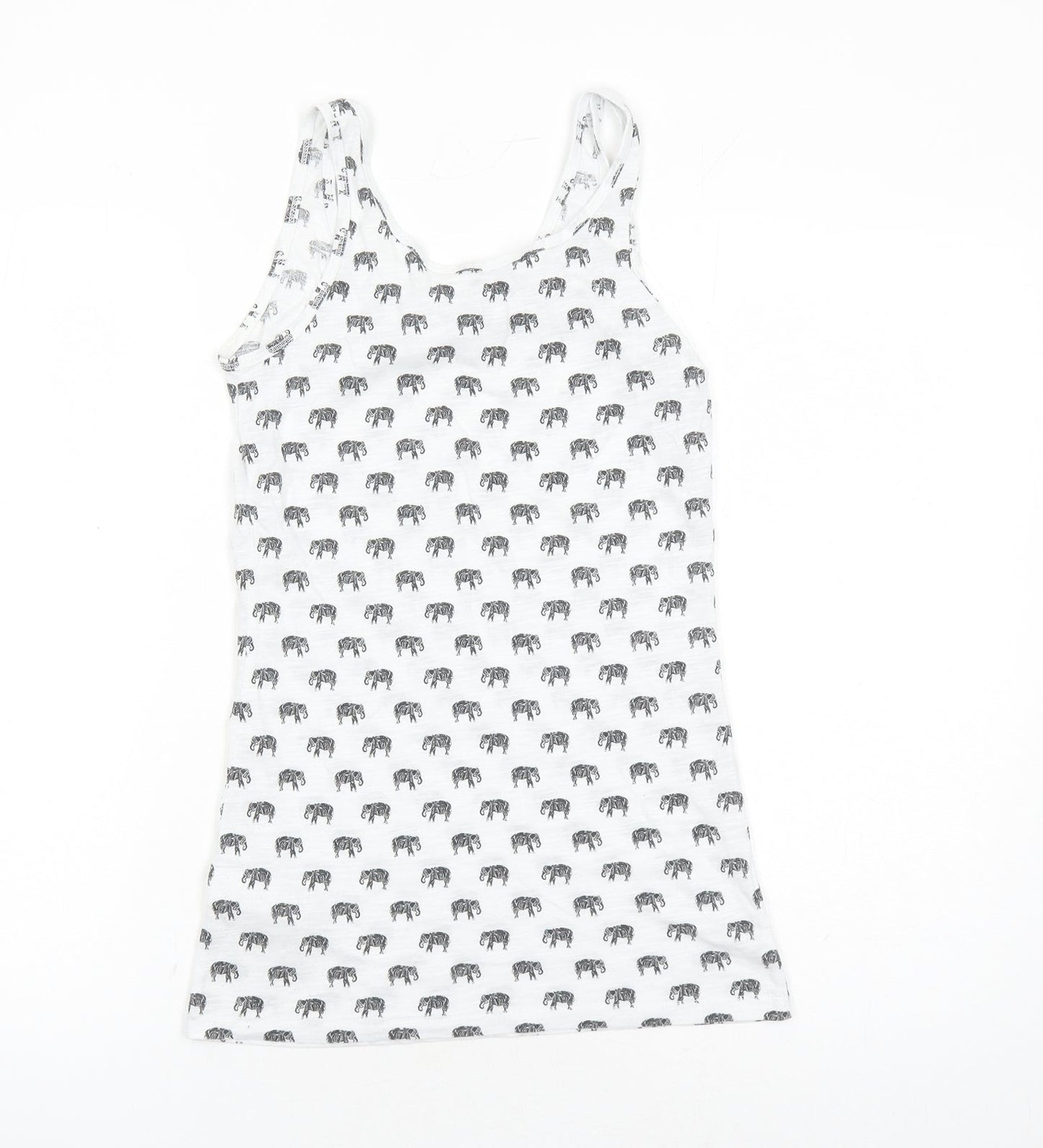 New Look Womens White Geometric Polyester Basic Tank Size 8 Round Neck - Elephant Pattern