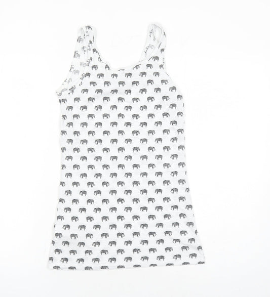 New Look Womens White Geometric Polyester Basic Tank Size 8 Round Neck - Elephant Pattern