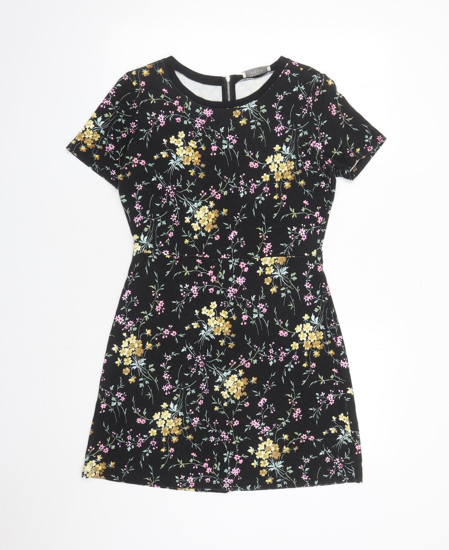 Oasis Womens Black Floral Viscose A-Line Size S Round Neck Zip