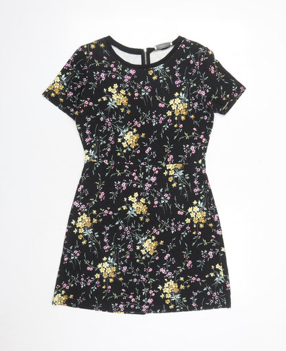 Oasis Womens Black Floral Viscose A-Line Size S Round Neck Zip