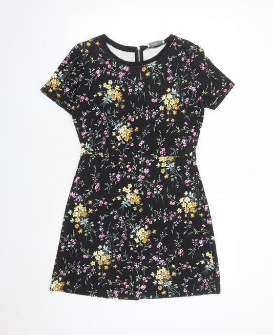 Oasis Womens Black Floral Viscose A-Line Size S Round Neck Zip