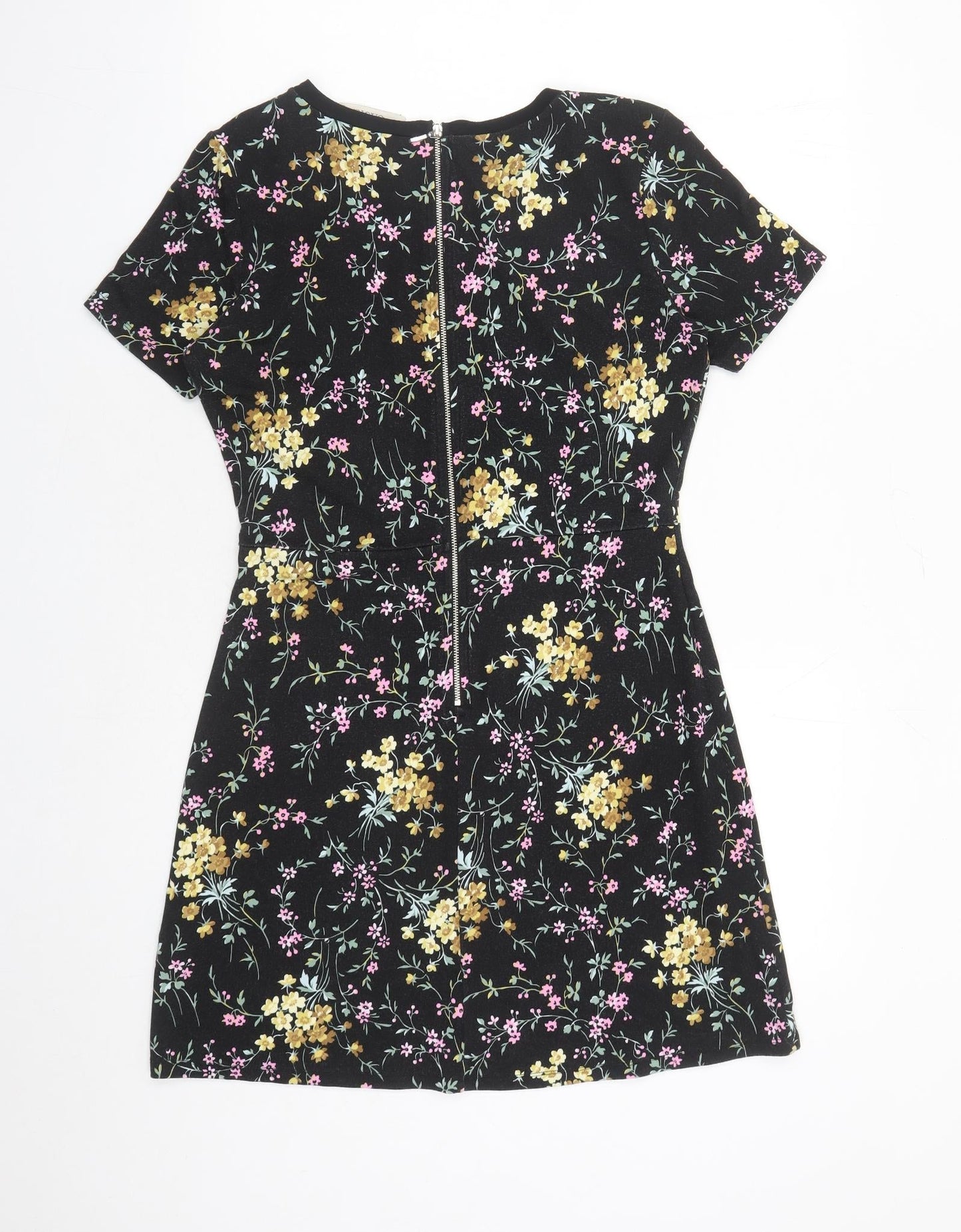 Oasis Womens Black Floral Viscose A-Line Size S Round Neck Zip