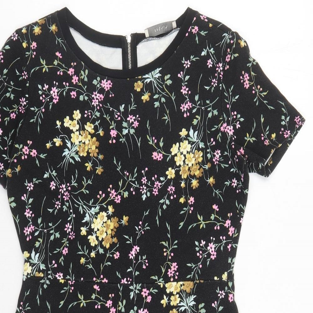 Oasis Womens Black Floral Viscose A-Line Size S Round Neck Zip