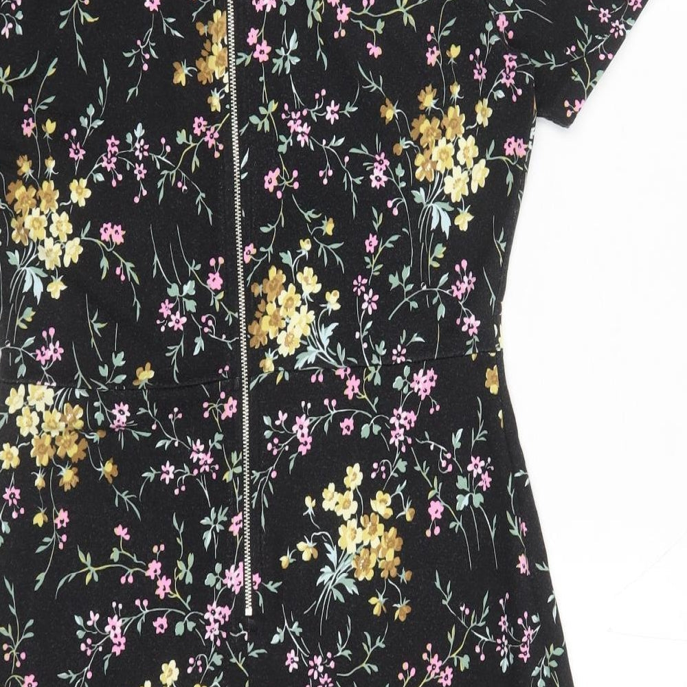 Oasis Womens Black Floral Viscose A-Line Size S Round Neck Zip