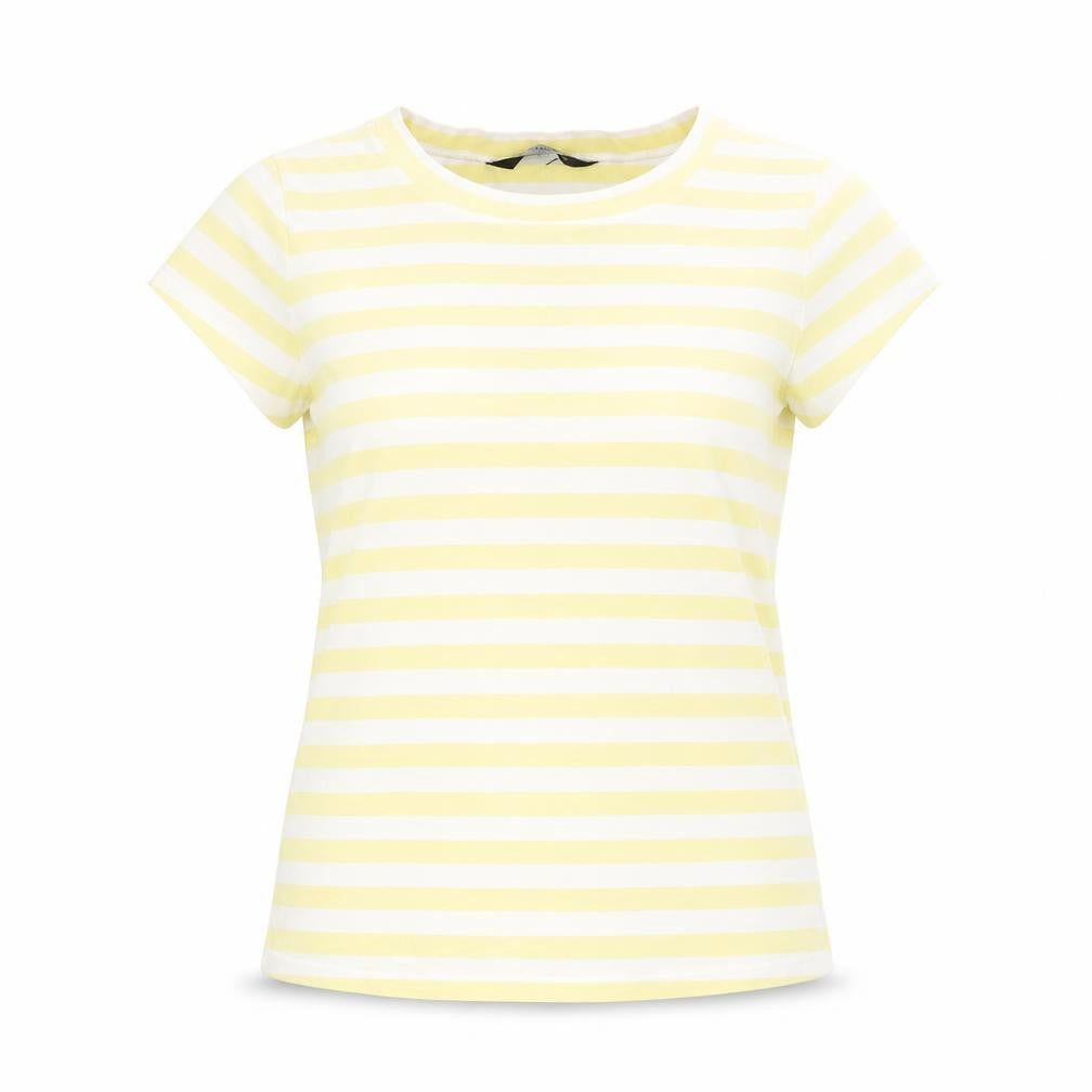 Front view of ESPRIT women’s yellow striped cotton basic t-shirt, size UK 14, round neck