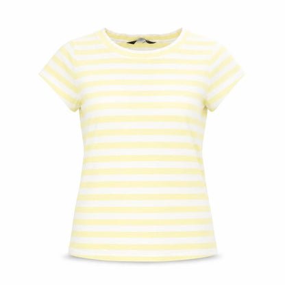 Front view of ESPRIT women’s yellow striped cotton basic t-shirt, size UK 14, round neck
