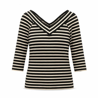 Madeleine Womens Black Striped Polyester Basic T-Shirt Size 8 Collared