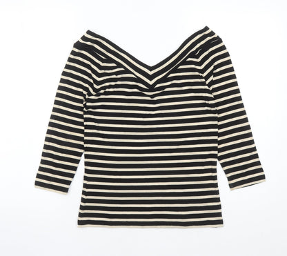 Madeleine Womens Black Striped Polyester Basic T-Shirt Size 8 Collared