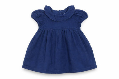 Front view of Marks & Spencer girls’ blue cotton a-line, size 3-6, months collared button