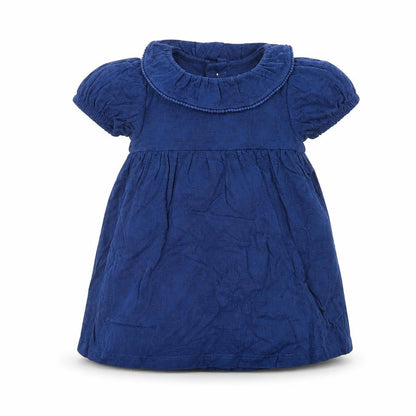 Front view of Marks & Spencer girls’ blue cotton a-line, size 3-6, months collared button